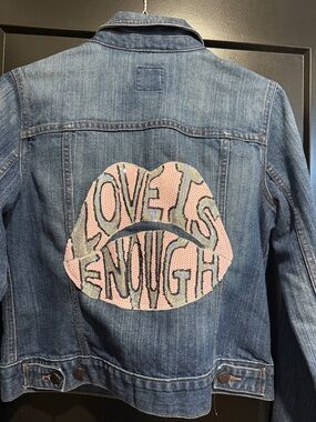 Old Navy Light Blue Denim Jacket with Chest Pockets “All you need is Love “